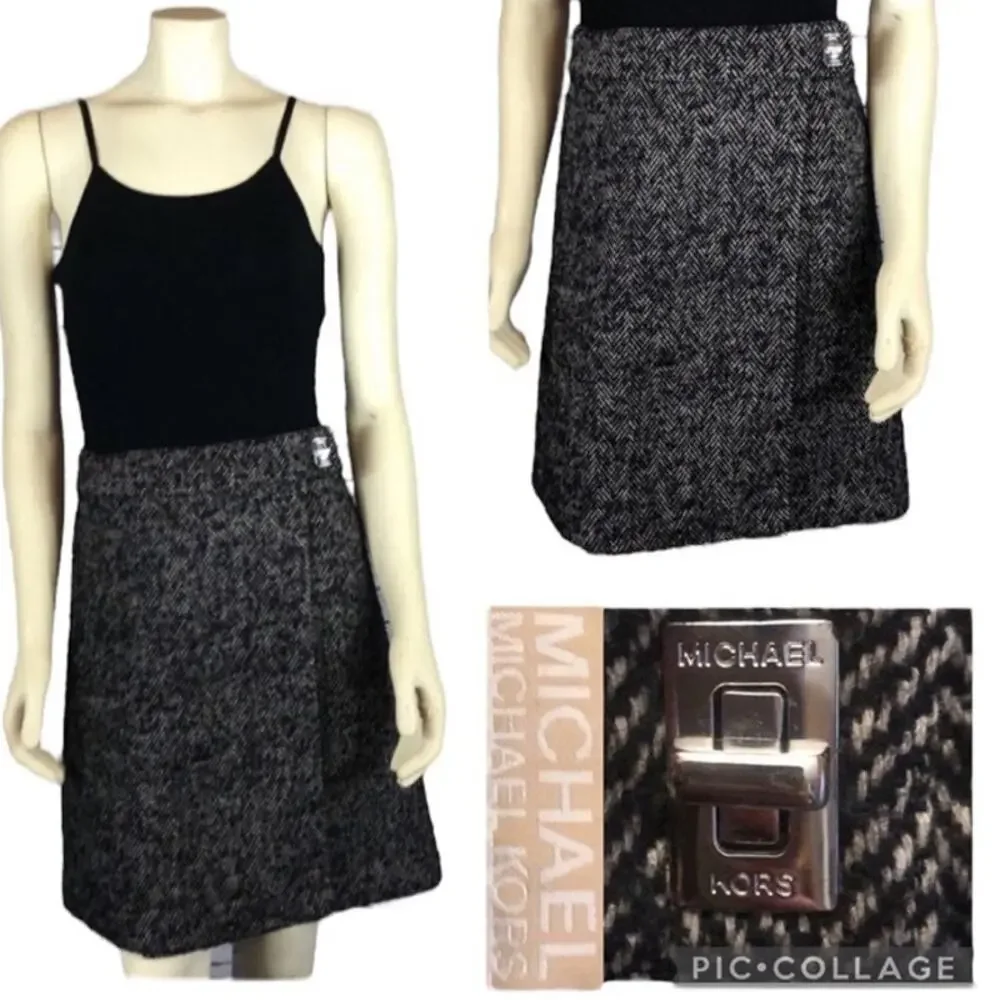 Michael Kors Herringbone Wrap Skirt black & white silver hard wear size 12
